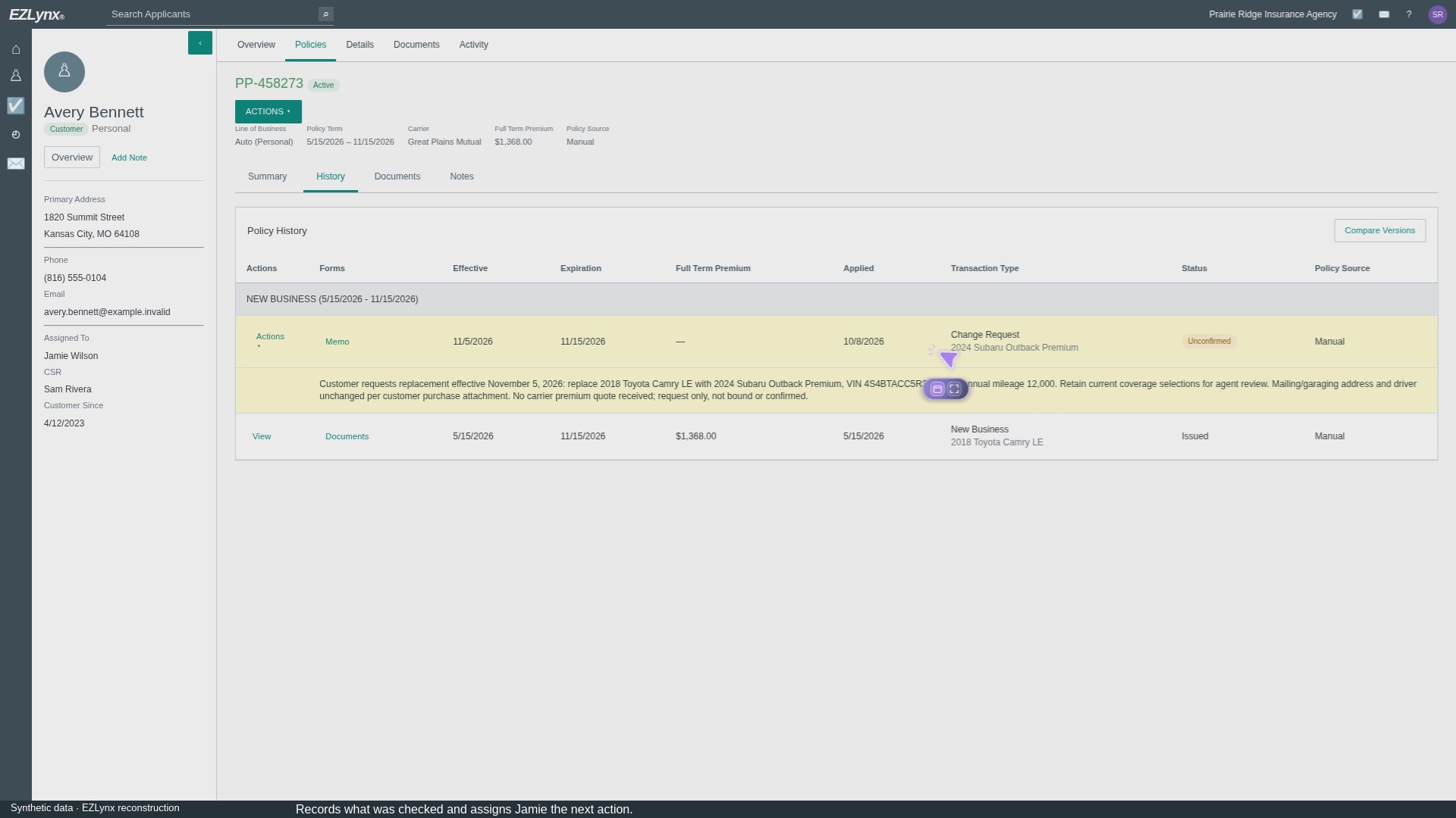Actual demonstration frame showing Avery’s account, saved change request and service task in the sample environment.