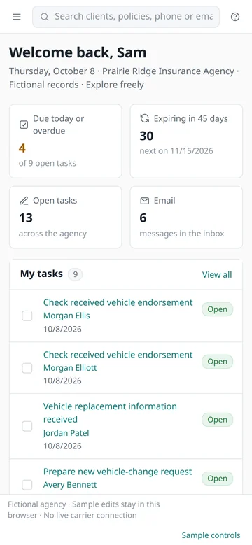 The same home dashboard on a phone: tasks due, renewals, open tasks and email, then the task list.