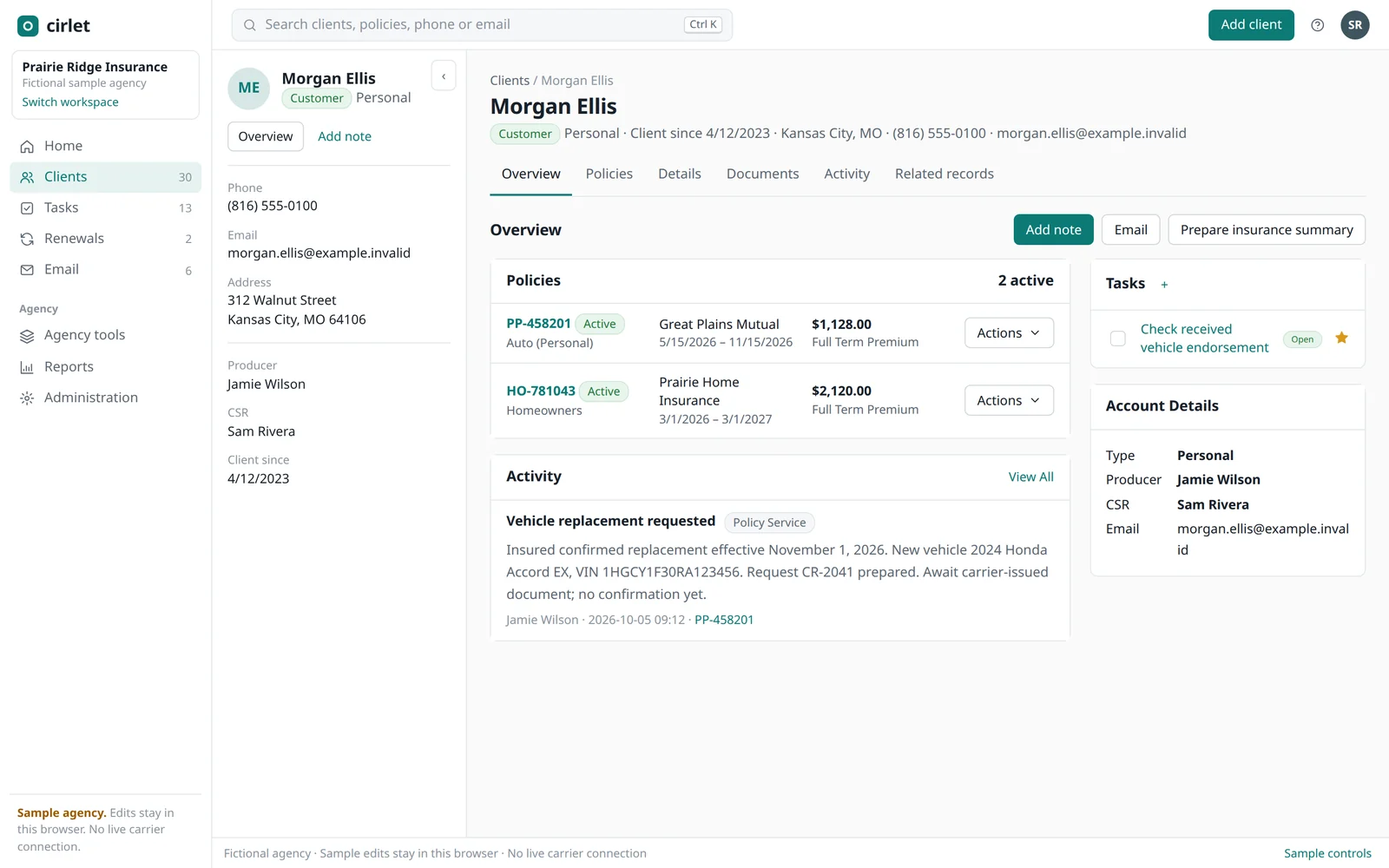 A client page in the new look: the labelled side menu, search at the top, the client panel on the left and the client's policies, tasks and activity.
