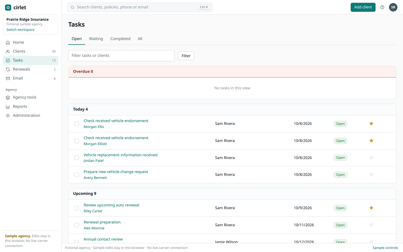 The agency task list: overdue, today and upcoming tasks, each with its client, assignee, due date and status.
